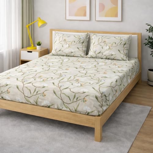 Image of 350 TC Premium Heavy Cotton Feel Elastic Fitted Bedsheet King Size with 2 Pillow Covers || Double Bed with All Around Elastic (White Leaf, Fitted - 72 inchx78 inch King)