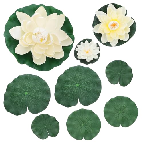 Angoily Lot de 9 Lotus Artificiels Flottants pour Bassin et Jardin Fleurs de Lotus en EVA Blanc avec Feuilles de Nénuphar Réalistes Décoration Aquatique Solide Danger pour Poissons