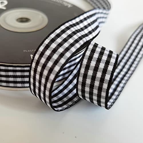 Micomon Black And White Wovon Edge Gingham Ribbon 25 Yard Each Roll 100% Polyester (5/8", Black) #TOP5