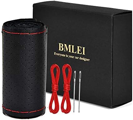 BMLEI Universal Car Steering Wheel Cover with Top Genuine Leather, Anti-Slip Design and Soft Padding, Stitching Style (Black Leather with red Thread)