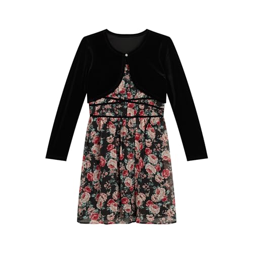 Beautees Girls' Floral Dress with Stretch Velvet Shrug