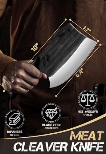 Huusk Butcher Knife for Meat Cutting, Japanese Meat Cleaver with Sheath, Hand Forged Chopping Knife with Full Tang Handle, Heavy Duty Bone Cleaver for Cooking Camping, Gifts Idea Men