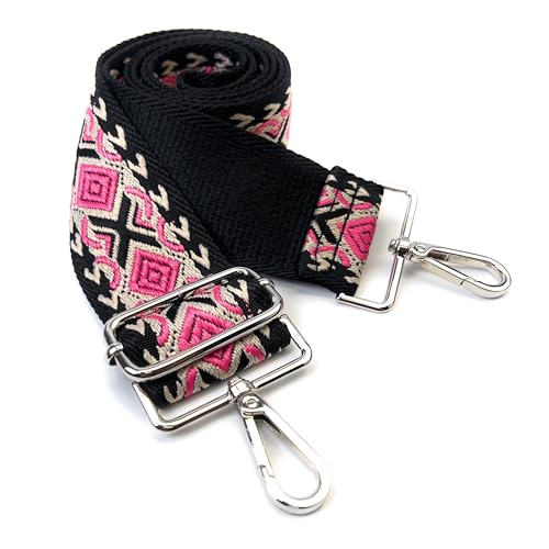 Image of Black Hot Pink Boho Diamond Purse Strap with Silver Hardware 2 Inch Wide Replacement Crossbody Guitar Style Shoulder Strap for Handbags Totes