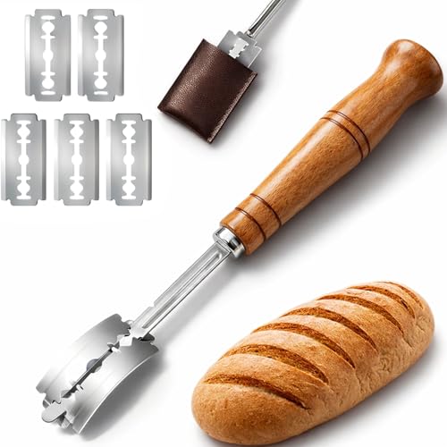 Bread Lame Cutter, Premium Bread Scoring Knife with 5 Replaceable Blades&1 Storage Bags,Dough Cutter&Bread Lame Dough Scoring Tool with Long Beechwood Handle, Ideal for Bread Novice,Professional Baker
