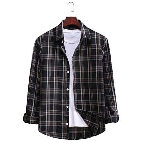 HULKAY Mens Fashion Flannel Plaid Shirts Long Sleeve Casual Loose Fit Button Down Plaid Dress Shirts Checked Business Shirts(Black,S) Cover
