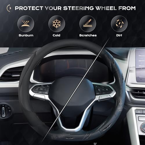 Image of Coverado Car Steering Wheel Cover, Nappa Leather Black Steering Wheel Covers for Women, Universal 14-15 inch, Anti-Slip, Breathable Steering Wheel Protector