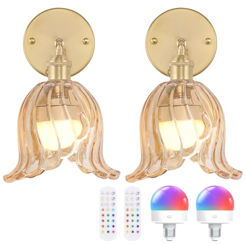 Image of Shenmoyl Vintage Battery Operated Wall Sconces Set of Two, Rechargeable Battery Powered Wall Sconces with Remote Control, Wireless Dimmable LED Light for Bedside Indoor Living Room (Amber Lily)