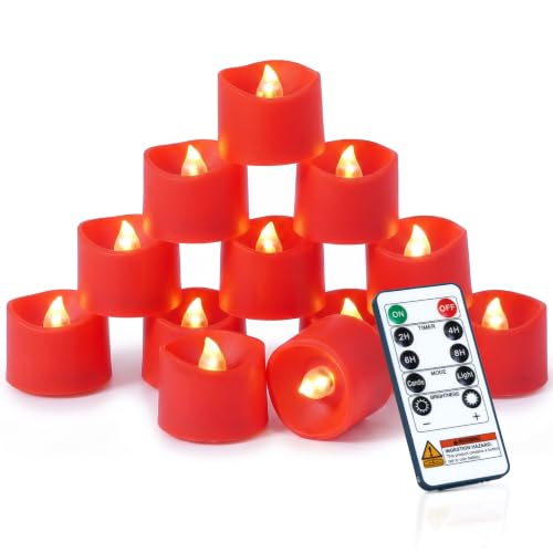 Image of Homemory 12-Pack Red Remote Flameless Battery Tea Light Candles, 400+ Hrs | 2 /4 /6 /8H Timer LED Flickering Tealight Votives for Christmas, Jack O Lanterns, Valentine's Day and Romantic Nights