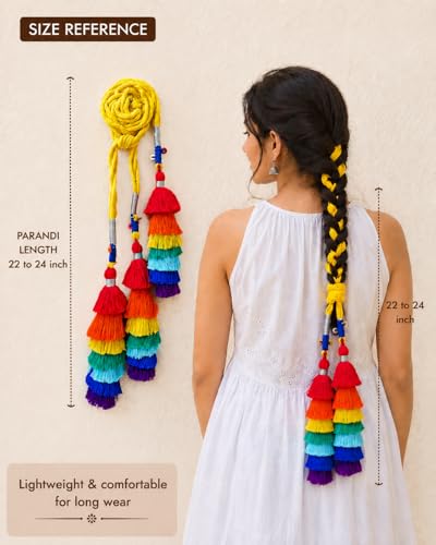 Image of Zippy Flora Satrang Cotton Parandi (Multi) | Handmade Boho Parandi | Traditional Hair Accessory with Braid Tassles & Shells | Hair Extension |Choti for Women | 22 Inches Length