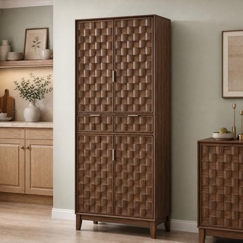 Image of Pantry Cabinet, 71 inch Tall Pantry Cabinet,Modern Kitchen Cabinet with Doors, Drawers & Adjustable Shelves, Freestanding Food Pantry Cupboard with Side Rack for Kitchen Dining Room,Walnut