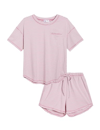 Image of KCW Pajamas for Women Set 2 Piece 100% Cotton Lounge Sets Short Sleeve Top and Shorts Pj Set Sleepwear Outfits