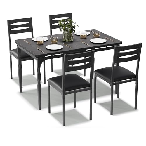 Image of Garvee 5 Piecs Dining Table Set, Farmhouse Style Dining Table and Chairs Set for 4, Dining Set for Dining Room Kitchen Apartment, Black