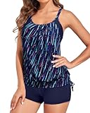 Holipick Zweiteiliger Tankini-Badeanzug für Damen, Bauchkontrolle, Blouson, Tankini-Top mit sportlicher Jungen-Shorts, Marineblau gestreift, XL