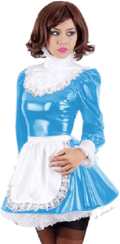 Vestido de sirvienta francés para hombre uniforme dulce Lolita Halloween PVC juego de roles erótico disfraz de Kawaii Cafe S-7XL 6XL azul lago 5XL