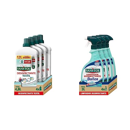 Sanytol – Desinfectante Textil, Elimina Gérmenes y Malos Olores de la Ropa Sin Lejía, 1.2L, 4 Unidad (Paquete de 1) & – Limpiador Desinfectante Antical Baños, Elimina Bacterias