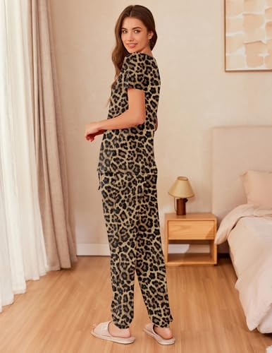 Image of Ekouaer Womens Pajama Sets Short Sleeve Lounge Sets for Women Printed Jogger Pajama Set 2 Piece Pj Sets With Pockets S-XXL