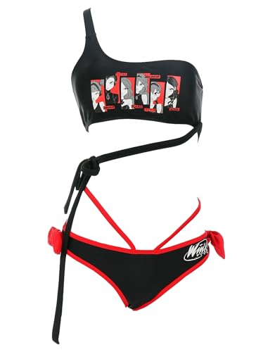 Winx Club Stella - Traje de baño de dos piezas con diseño de hombro descubierto, banda lateral y parte inferior de tirantes, Negro, Large