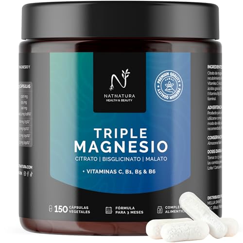 Magnesio Triple – Citrato de magnesio, Bisglicinato y Malato | 442 mg de magnesio elemental por dosis + Vitaminas B1, B5, B6 y C | Antifatiga, Calambres y Recuperación Muscular | 150 cápsulas.