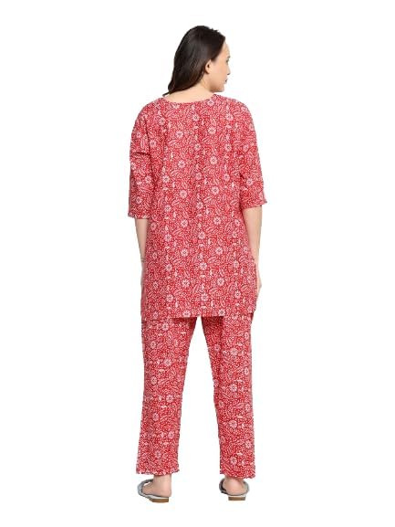 Image of Vlazom Women's Cotton Night Suit Set - Printed Co-Ord 2-Piece Pajama Set | Soft Sleepwear & Loungewear for Women (Red, S)
