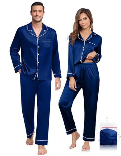 Womens/Mens Pajama Set Matching Pajamas for Couples Long Sleeve Satin Silky Sleepwear Classic Button Down Pjs