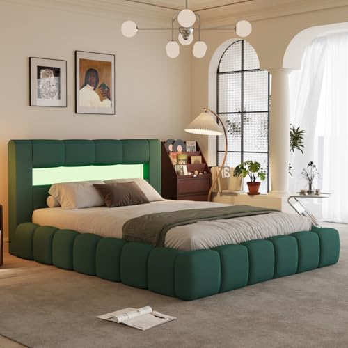 CONCEPT USINE | Lit Coffre 180x200 cm Design Nuage Omaha avec LED | Velours Vert | Tête de Lit Galbée avec 16 Couleurs et Télécommande | Sommier Inclus |...