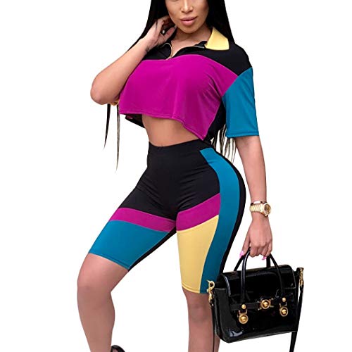 2 Pieces Sexy Sportwear Set for Women Short Sleeve Crop Tops+Color Stripe Skinny Pants Tracksuit Set