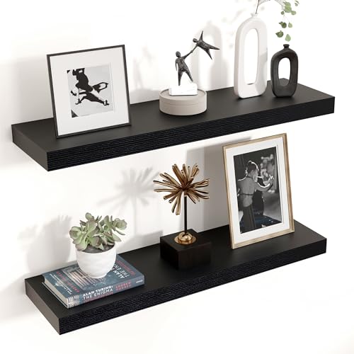 24" Wide x 6.5" Deep Floating Shelves for Wall, Black Finish, 2-Pack