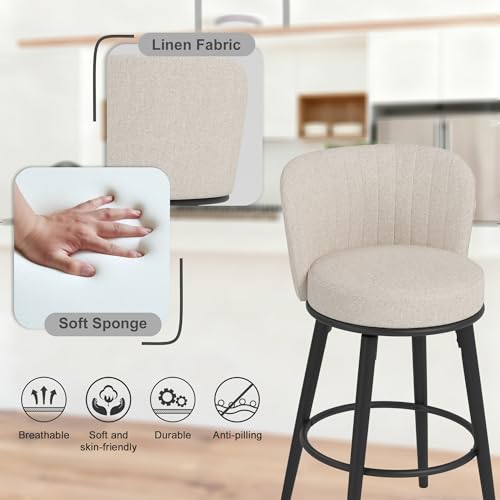 Image of 28 inch Swivel Bar Stools Set of 2, Counter Height Bar Stools, Upholstered Modern Design with Back and Footrest, Fitting for Kitchen Island and Dining Room