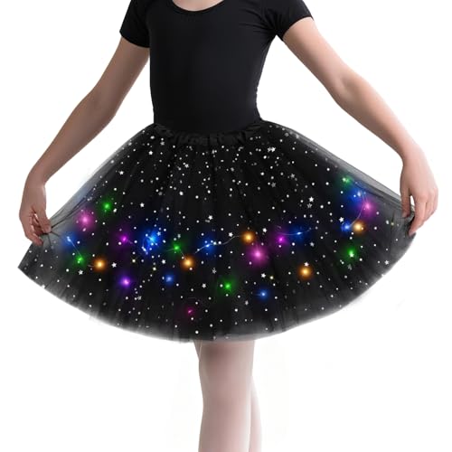 LED Tüllrock Mädchen Tütü Rock, 30CM Sterne Pailletten Ballettrock Schwarz, Minirock Mit LED Lichter, Tüllrock Mädchen Tütü Kinder für Halloween Kostüm Karneval Cosplay Ballett Maskerade