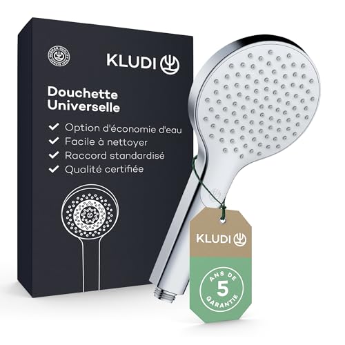 KLUDI-X3 Douchette universale 1 jet, anti calcaire facile à nettoyer, douchette économisant l'eau en option (standard 15l/min, option 9 l/min), douchette à main (Ø11,7 cm), chromé