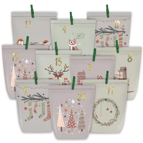 KOHMUI Calendario de Adviento para rellenar, 24 bolsas de papel para calendario de Navidad, para manualidades, bolsas de regalo, calendario para manualidades, bolsas de papel de estraza