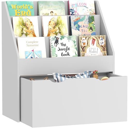 AIYAPLAY Kids Bookshelf, Bookcase Toy Storage Organiser with 3 Tier Shelves, Drawer, for Bedroom, Nursery, Playroom, Classroom, Grey