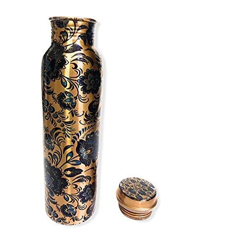 Golden Valley Printed Bottle Collections Copper Modern Art Printed and Matt Finish Antique Yoga Water Bottle (Blue Flower Printed)