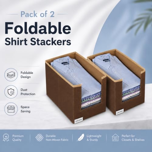 Image of VERVENIX Shirt Stacker Set of 2, Non Woven Foldable Clothes Storage Organizer with Handle, Wardrobe Closet Organizer, Space Saving Cloth Organizer for T-Shirts, Shirts, Jeans, Brown
