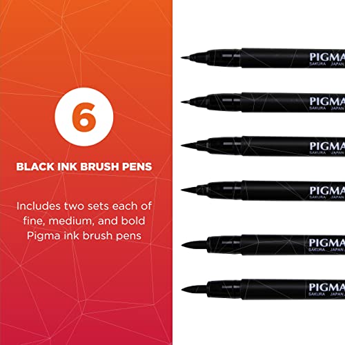 Sakura Pigma Professional Brush Pens - Brush Tip Pens - Black Ink - Fine, Medium, Bold Sizes - 6 Pack #TOP1