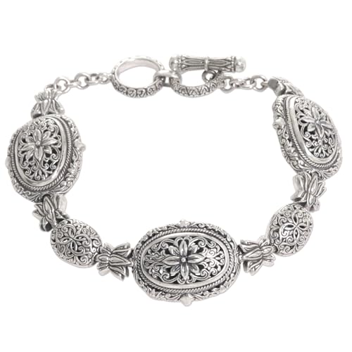 NOVICA Artisan Handmade Sterling Silver Link Bracelet with Floral Motif Indonesia [1.4 in L x 0.6 in W x 0.2 in D] ' Lotus Chain'