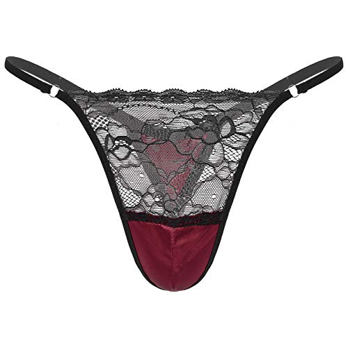 Oyolan Tangas Sexy Hombres Tangas de Encaje Satén Calzoncillos Thong Lencería Erótica Hombre Tangas de Hilo Calzoncillos Tangas Erótico Entrepierna Borgoña M