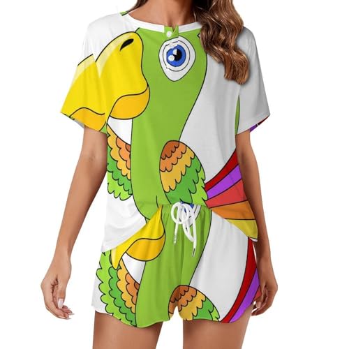 Pyjama femme imprimé perroquet vert ensemble fluide manches courtes ete