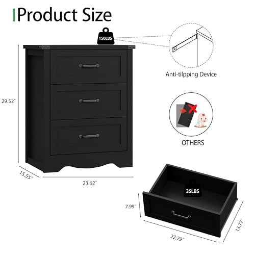 Image of Nightstand with 3 Drawers, 24 inch Wide Farmhouse Bedside End Table, Rustic Wood Side Table Night Stand with Mental Handle, Tall Modern Small Dresser Chest of Drawers for Bedroom, Living Room, Dorm, Black