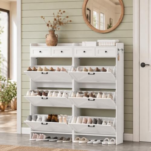 CYOBABA 2-Pack White Shoe Cabinet, 3 Tip-Out Drawers, 9.25" Slim Farmhouse