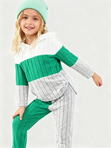 Image of Toddler Kid Girls Clothes Ribbed Color Block Long Sleeve Hoodie Sweatsuit Set Fall Outfits