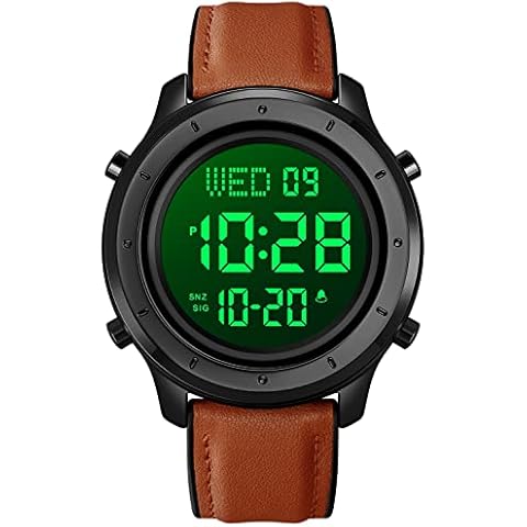 PASOY Mens Big Dial Digital Leather Watch Simple Large Display Countdown Alarm Stopwatch LED Backlight Black Dial Business Multifunction Watches Cover