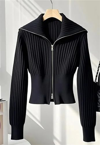 Womens Chic Zipper Cardigan Sweater Long Sleeve Knitted Jacket Fashion Slim Fit Turn-Down Collar Outerwear4