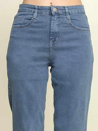 Image of Zayla Women's Mom Fit Cloud Wash Jeans I Full-Length Denim Stretchable High Waist Pant with Curved Pocket I Clean Solid Loose Fit Pants I for Everyday Office Party Girls