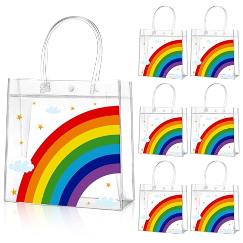 Aliceset 20 Pcs Clear Plastic Goodie Bags Party Treat Bags with Handles Rainbow Themed Favor Wrapping for Birthday Snack Candy Holiday Decoration Baby Shower Supplies 8 x 8 x 3.15 Inch