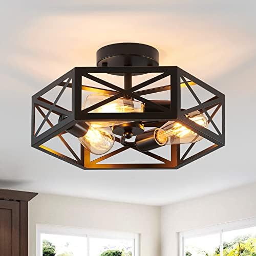 XSDeTu Semi Flush Mount Ceiling Light Fixture, Modern Farmhouse 3-Light Black Ceiling Light, Industrial Close to Ceiling Light with Metal Hexagon Cage Ceiling Lamp for Kitchen, Hallway, Bathroom