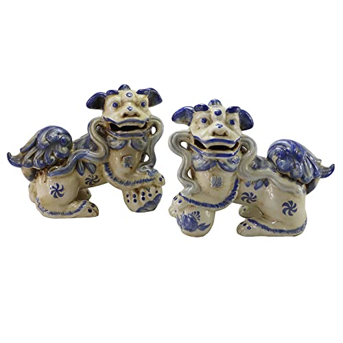 SYNWISH Porcelain Hand Painted Blue and White Lucky Foo Dog Figurines for Home Décor,Gifts, Set of 2