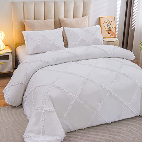 Holawakaka Ruffled Diamond 5 Piece Comforter Sheets Set, Queen Size Vintage Shabby Chic Ruffles Bedding Sets, Neutral Farmhouse Home Bed In A Bag Set (White, Queen) #TOP14