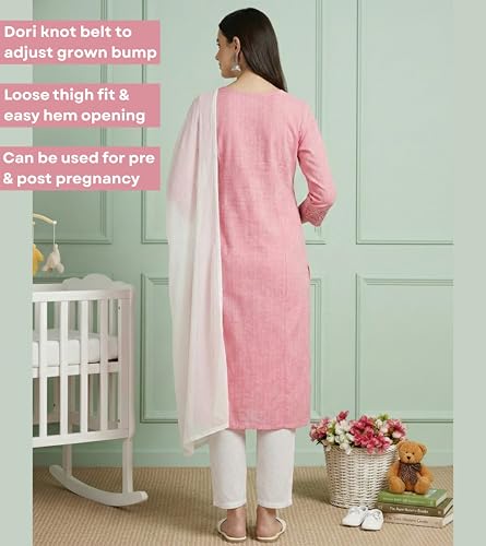 Image of DUMMY SHAPE Feeding Dresses for Women Full Set | Cotton Blend Floral Embroidered Kurta Pant Dupatta Suit with Nursing Zippers to Pre & Post Pregnancy | Gift for Pregnant Woman