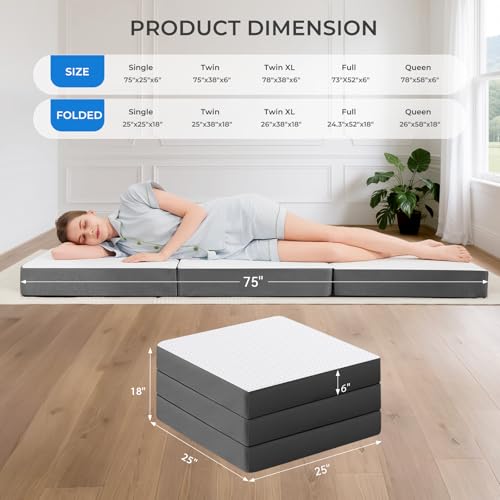 Image of MASVIS Trifold Mattress, 6 Inch Memory Foam Foldable Mattress with Washable Cover, Tri-Folding Floor Bed for Camping, Single